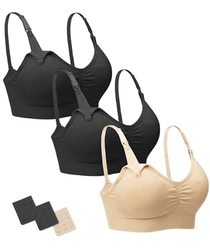 Stelle Nursing Bras Maternity Bra for Breastfeeding Pregnancy Wireless Bralette with Pads, Extenders (Black+Black+Beige,L) - Image 1