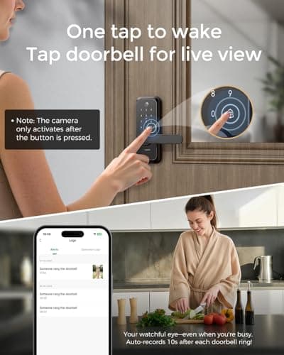 WiFi Video Smart Lock with Camera & Handle - 6-in-1 Keyless Entry (Fingerprint/App/Keypad/FOB/Key), Electric Deadbolt Door Knob for Front, Built-in WiFi, 2-Way Audio, Auto-Lock, Waterproof - Black - Thumbnail 4