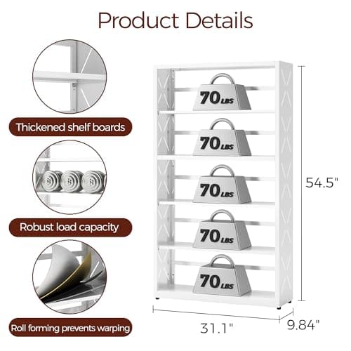 Kubohogar Book Shelf, 5 Tier Metal Bookshelf with Adjustable Shelves, Open Shelf Bookcase for Home Office & Living Room, CD Storage Racks, White 31" Wide - Thumbnail 3