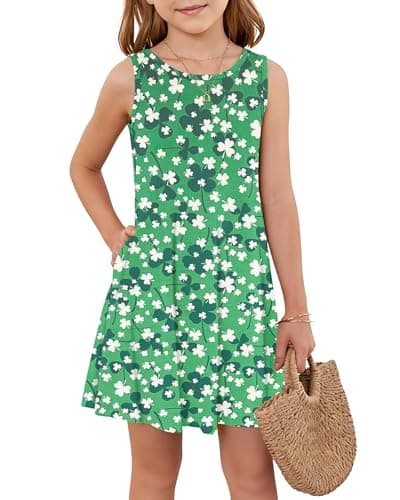 Girls Sleeveless Summer Dress Kids Crewneck Casual Mini Floral A Line Beach Sundresses with Pockets 5-14 Years Green Wihte Flower XS - Image 1