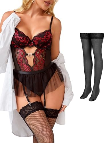 Tidouk Lingerie Sets Lace Lingerie for Women Sexy Push Up Teddy Lingerie with Gartet Belt（Black+Red,XX-Large - Image 1