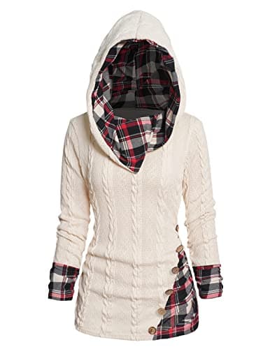 ZEZCLO Women's Twisted Cable Knit Mock Button Ruched Shawl Neck Knit Top Plaid Print Hooded Sweater - Thumbnail 2