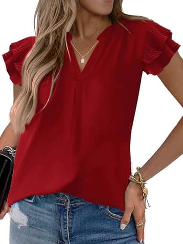 Sucolan Womens Tops Dressy Casual Sexy V Neck Business Office Blouses Ruffle Sleeve Flowy Red Shirts for Women M - Image 1