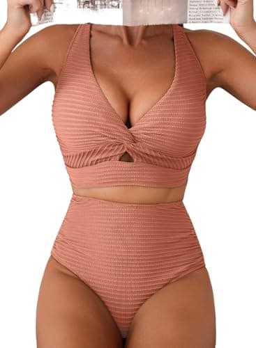 Herseas Women's High Waisted Bikini Sets 2026 Summer Knot Twist V Neck Plus Size Swimsuits Textured Push Up Top Cute Wire Free Pink Bathing Suits Beach Vacation Outfits XX-Large - Image 1
