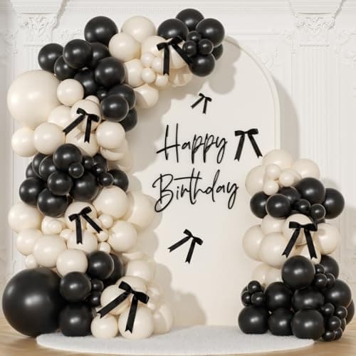 Black and Sand White Balloon Arch Kit 141 Pcs Coquette Birthday Decorations Include Balloons and Black Bow for Wedding Baby Shower Gender Reveal Bow Birthday Decorations - Image 1