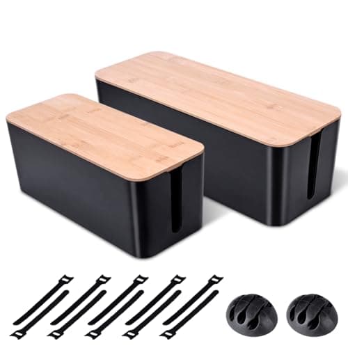 2 Pack Large Cable Management Box – Wooden Style Cord Organizer Box and Cover for TV Wires, Computer, Router, USB Hub and Under Desk Power Strip – Safe ABS Material and Baby-Pets Proof Lock (Black) - Image 1