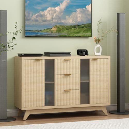 GlouMod Fluted Sideboard Buffet Cabinet with Storage, 47" Modern Mid Century Coffee Bar Storage Cabinet with Doors and Drawers, Narural Oak - Thumbnail 6