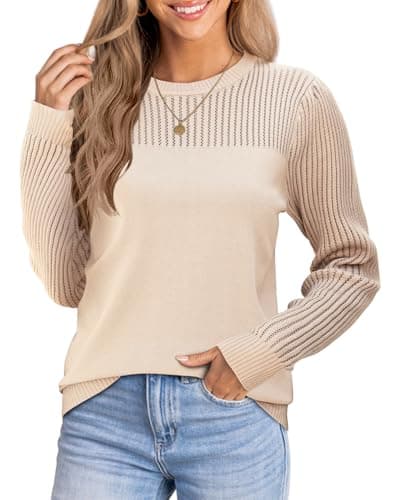 Womens Puff Sleeve Hollow Out Sweater Tops Crewneck Neck Long Sleeve Knit Slim Fit Blouse Elegant Basic Tee Tops Apricot - Image 1