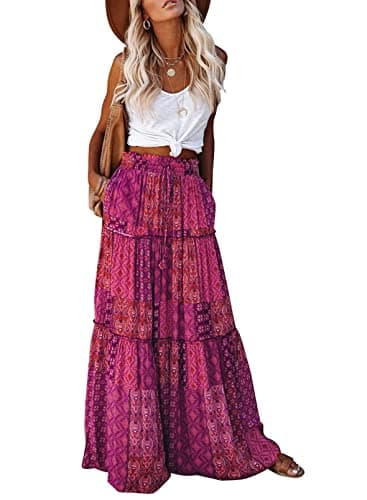 Trendy Lightweight Drawstring Tiered Ruffles Paisley Hippie Plus Size Bohemian Long Maxi Skirt with Deep Pockets for Office Music Festival Travel Picnic Dating Fall Outfits Purple S - Image 1