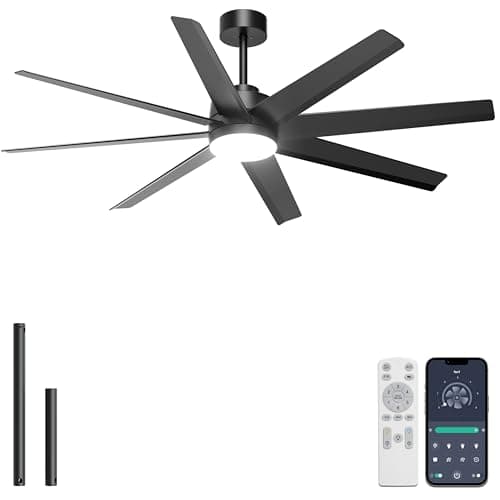 Ohniyou 60'' Ceiling Fan with Light - Modern Black 8 Blades Ceiling Fan Remote/APP Control, Dimmable, DC Motor Outdoor Fan for Covered Patio, Living Room, Shop, Garage - Image 1