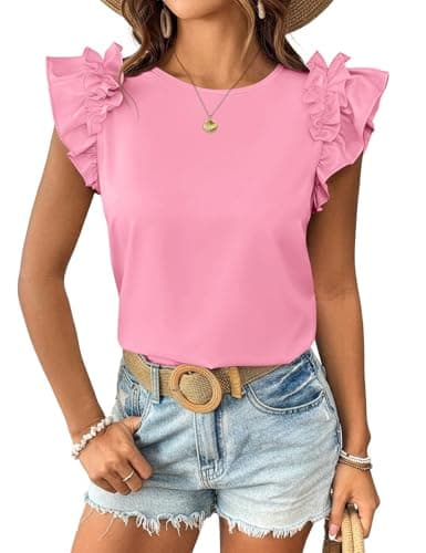 Womens Summer Tops Trendy Ruffle Short Sleeve T Shirts Casual Crew Neck Loose Fit Dressy Blouses Cute T-Shirts Flutter Tee Tops 2026 Pink S - Image 1