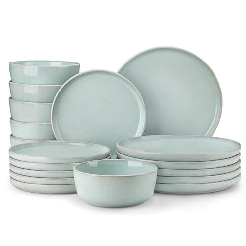 vancasso ANYA 18 Pieces Plates and Bowls Set, Mint Green Dinnerware Sets, Reactive Glaze Dishes Set for 6, Ceramic Dishware Sets Kitchen Dinner Set, Microwave & Dishwasher Safe - Image 1