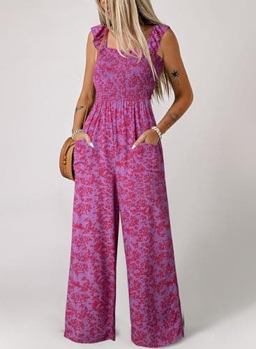 Dokotoo Floral Girls Dressy Jumpsuits One Piece 2026 Summer Crew Neck Boho Jumperss Adjustable Waisted Petite Wide Leg Vacation Outfits Plus Size with Pockets,Rose X-Large - Thumbnail 2