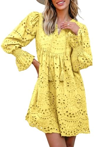 Dokotoo Long Sleeve Dress for Women Elegant Pure Cotton Yellow Dress Loose Fit A Line Hollow-Out Causal Dress Trendy Gowns and Evening Dresses Casual Spring Party Dresses Small - Image 1