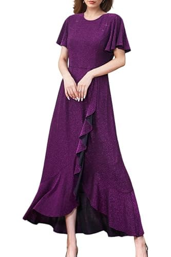 Lesuxa Women's Formal Dresses, Sequin Evening Gown for Wedding Guest,Cocktai Long Party Gowns with Ruffle Elegant Formal Dresses Purple - Image 1