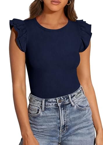PRETTYGARDEN Womens Summer Crew Neck T Shirts 2026 Trendy Ruffle Sleeve Slim Fit Knit Going Out Tops Casual Spring Clothes (Navy,X-Large) - Thumbnail 6