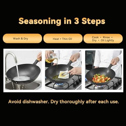 WANGYUANJI 14.2" Carbon Steel Wok Round Bottom (Gas Stove Only Requires Separate Wok Ring for Flat Grates) Heavy Duty Nitriding Iron Stir Fry Pan (Spatula & Brush Included - Lid & Ring NOT Included) - Thumbnail 6