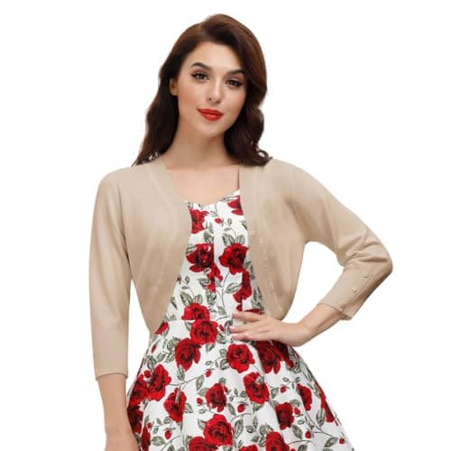 Belle Poque Womens 3/4 Sleeve Bolero Shrug Open Front Knit Cropped Cardigan(Apricot L) - Image 1