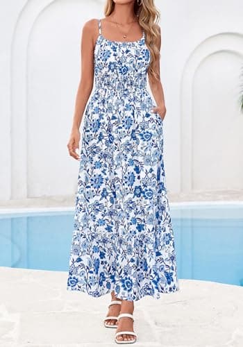 BTFBM Summer Dresses for Women 2026 Sleeveless Spaghetti Strap High Waist Boho Beach Vacation Clothes Spring Maxi Dress(Floral White Blue, X-Large) - Thumbnail 4