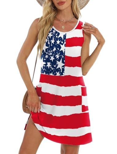 BKRIVE Stars and Stripes Summer Dresses for Women 2025 Loose Swing T Shirt Casual Dress Sundresses with Pockets American Flag S - Image 1