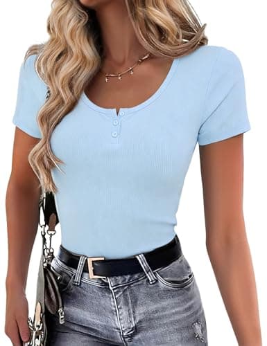 Womens Short Sleeve Shirts Stretchy Henley T Shirts Summer Tops 2026 Scoop Neck Casual Ribbed Knit Fitted Casual Basic Top T-Shirts Light Blue L - Image 1