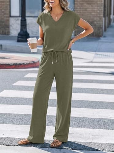 Casly Lamiit Womens 2 Piece Sets 2026 Summer Casual Travel Outfits V Neck Cap Sleeve Top Wide Leg Pants Beach Vacation Airport Clothes Army Green L - Thumbnail 5