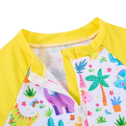 Funnycokid 5T Little Girls Swimsuit Kidss Size 6 Bathing Suit Dinosaur Yellow Ruffle Rashguard Sets Swimwear Zipper Long Sleeve 3 Piece Swimming - Thumbnail 4