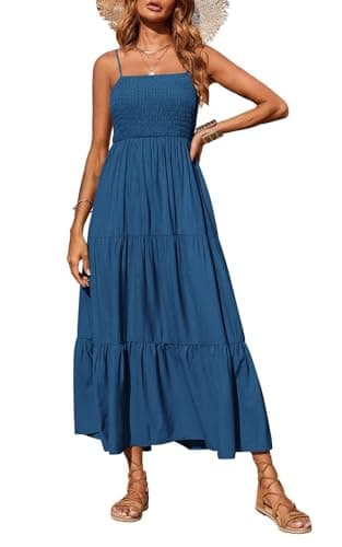 PRETTYGARDEN Summer Dresses for Women 2025 Spaghetti Strap Floral Maxi Dress Sleeveless Smocked Tiered Long Beach Sundress (Dark Blue,XL) - Image 1