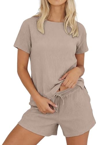 ANRABESS Womens Lounge Pajamas Short Set 2026 Casual Summer 2 Piece Outfits Lightweight Loungewear Clothes Beige X-Large - Image 1