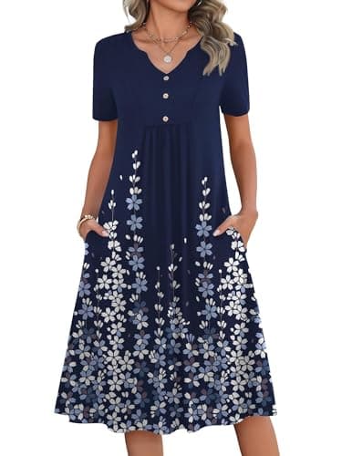 Zeagoo Sundresses for Women 2026 Midi Short Sleeve Summer Dress Casual Aline Floral Boho Dresses with Pockets V-Neck Sundress - Image 1