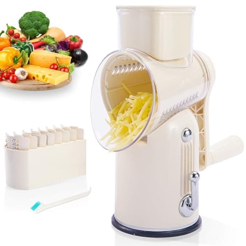 ENERGEVITY Manual Rotary Cheese Grater with Handle, 5 in 1 Replaceable Stainless Blades Cheese Shredder,Strong Suction Base Vegetable Slicer with Cleaning Brush & Bonus Storage Box for Blades (white) - Image 1