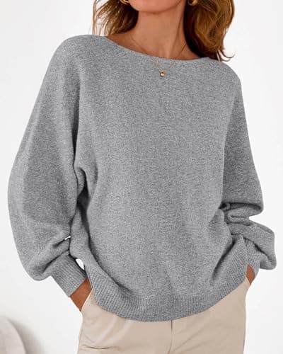 KIRUNDO Oversized Sweaters for Women Cozy Fall Fashion Boat Neck Batwing Sleeve Knit Pullover Sweater Tops Winter Clothes(Grey, X-Large) - Thumbnail 6