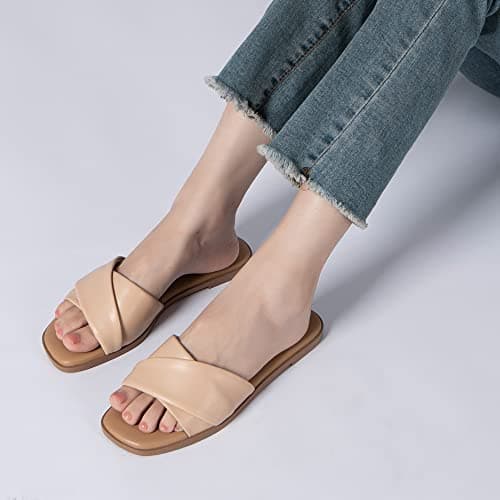 Athlefit Women's Summer Flat Sandals Dressy Comfortable Fashion Beach Leather Slide Nude Sandals Size 11 - Thumbnail 6
