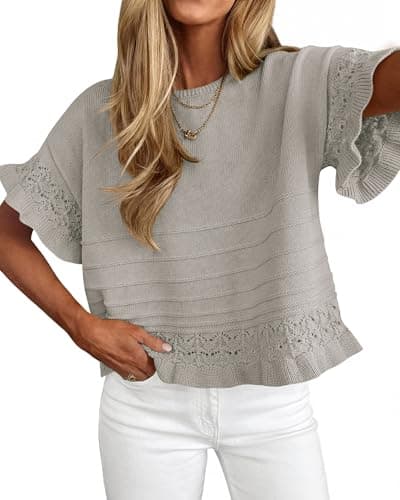 KIRUNDO Short Sleeve Sweater for Women 2026 Spring Summer Tops Crochet Round Neck Ruffled Hem Knit Pullover Casual Blouse(Grey, Small) - Image 1