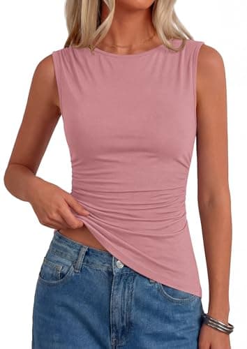 PRETTYGARDEN Womens Tank Top Spring 2026 Ruched Asymmetrical Going Out Top Slim Fit Sleeveless Shirts Summer Clothes(Pink,X-Large) - Image 1