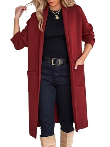 ANRABESS Women's Cardigan Long Sweater Oversized Open Front Knit Coatigan Duster Coat 2025 Trendy Fall Outfits Outerwear Red X-Small - Image 1