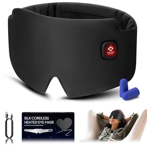 Silk Heated Eye Mask, 2000mAh Large Size Cordless Sleep Mask Warm Eye Compresses Electric Eye Heating Pad for Stye Blepharitis Dry Eyes Sinus Migraine Gifts for Men Woman (Black) - Image 1