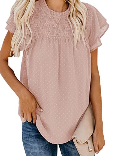Dokotoo Women's Cute Summer Crew Neck Flowy Ruffle Short Sleeve Smocked Pom Pom Blouses Back with Adjustable Tie Solid Casual Loose Tops Pink M - Image 1