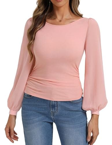 Belle Poque Women's Mesh Long Sleeve Tops Boat Neck Bow Tie Back Dressy Blouses 2026 Spring Going Out Outfits Pink M - Image 1