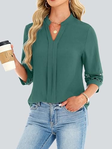 Funlingo Womens 3/4 Sleeve Tops Business Casual V Neck Dressy Blouses Fashion Office Work Tunic Pleated Shirts Trendy Outfits 2026 Turquoise L - Thumbnail 3
