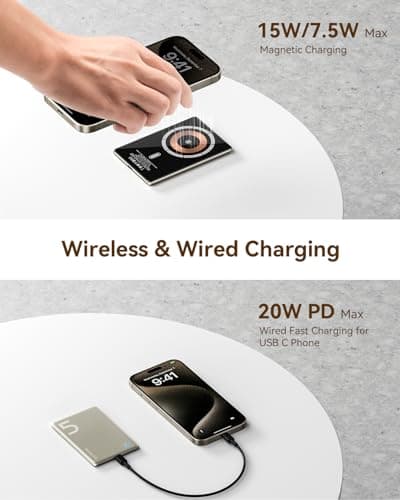 Kuulaa Magnetic Power Bank 5000mAh 0.28'' Ultra Slim Portable Charger Magsafe Battery Pack for iPhone 17/16 Pro Max/15/14/13/12 Mini, Titanium - Thumbnail 5