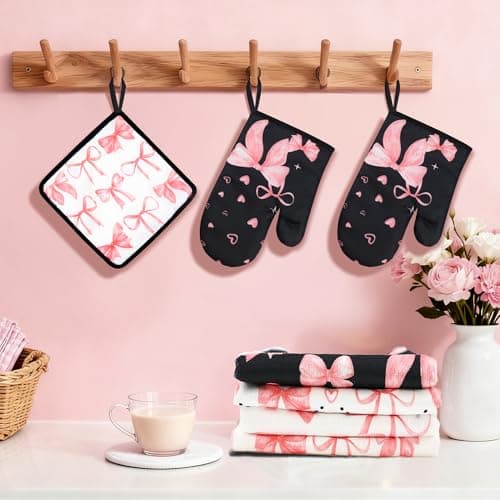 Vetoxka 8 Pcs Cute Pink Bow Kitchen Towels and Dishcloths Sets Oven Mitts Pot Holders Set Valentines Day Absorbent Decor Accessories Gloves Potholders Heat Resistant for Chef Baking Cooking Home Gifts - Thumbnail 2