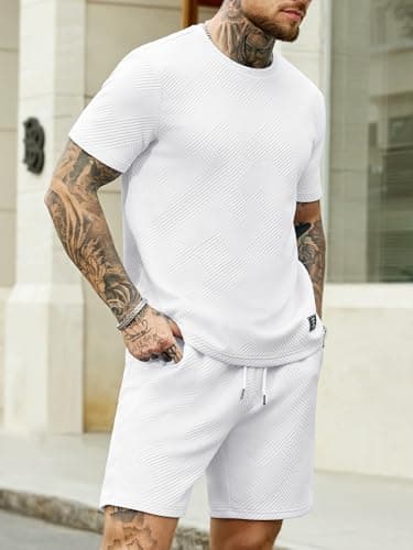 JEMLDL Mens 3XL White 2 Piece Set Summer Jacquard Knit T-Shirt Shorts Outfits Casual Lounge Wear Sweatsuit 3X-Large - Thumbnail 3