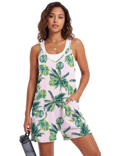 LILBETTER Women's Summer Rompers Casual Sleeveless Spaghetti Strap Shorts Jumpsuit Overalls Outfits with Pockets(Leave Pink Large) - Thumbnail 2