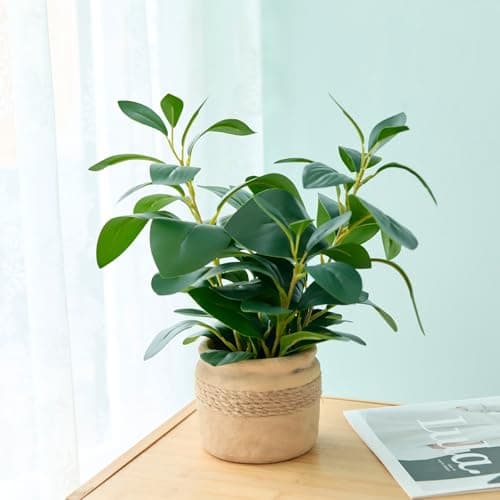 Arbolanta Artificial Fake Plant Potted 12.8'' Small Faux Greenery Ficus Style in Jute-Wrapped Yellow Planter for Tabletop Home Office Decor - Thumbnail 2