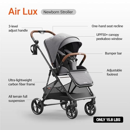 MAMAZING Air Lux Baby Stroller, Strength Carbon Fiber Frame & Only 15.8lbs, Infant Stroller with Bassinet & Cup Holder, One-Hand Compact Folding & Reversible Seat, Soft Insert & Car Seat Adapter - Thumbnail 5