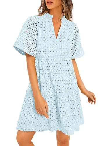 PRETTYGARDEN Eyelet Dresses for Women 2026 Summer Short Sleeve V Neck Hollow Out Ruffle A Line Boho Beach Vacation Mini Dress (Light Blue,Medium) - Image 1