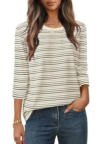 MEROKEETY Women's 2025 Casual 3/4 Sleeve Tops Blouse Crewneck Colorful Striped Fall Loose Shirt, Grey, Small - Image 1