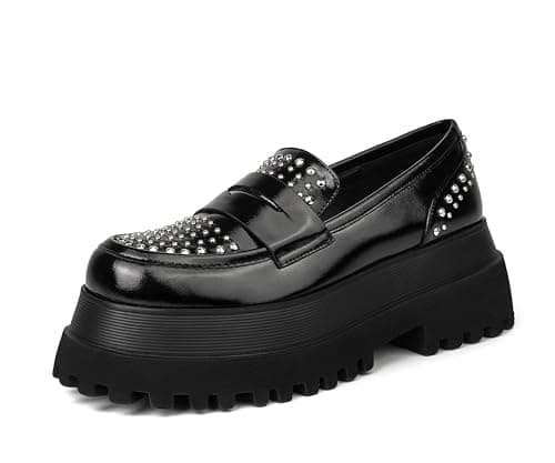 feetquake Womens Dress Shoes with Sparked Studs Chunky Sole Pumps Shoes for Women Comfortable Flats and Dressy Black Loafers Women 10M - Image 1