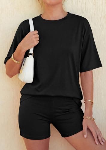 PRETTYGARDEN 2026 Women's Summer 2 Piece Sets Casual Lounge Set Short Sleeve Tops Shirts Shorts Travel Beach Vacation Outfits (Black,X-Small) - Thumbnail 3